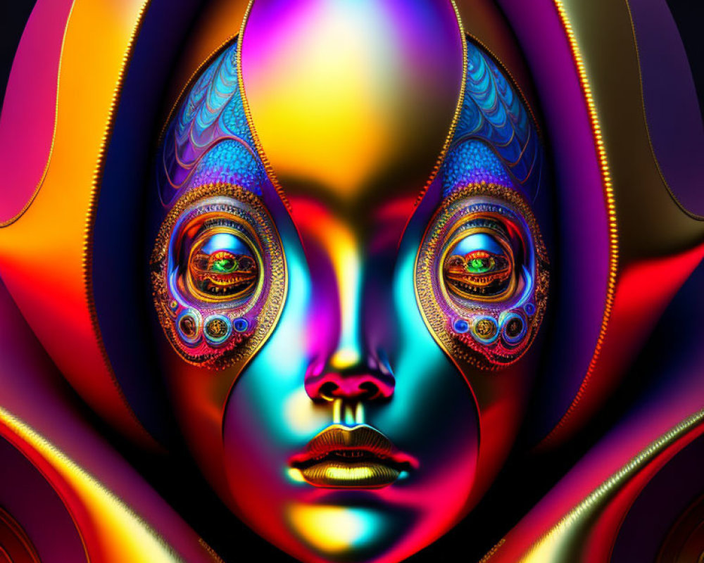 Vibrant surreal face with intricate patterns and multiple eyes on dark background