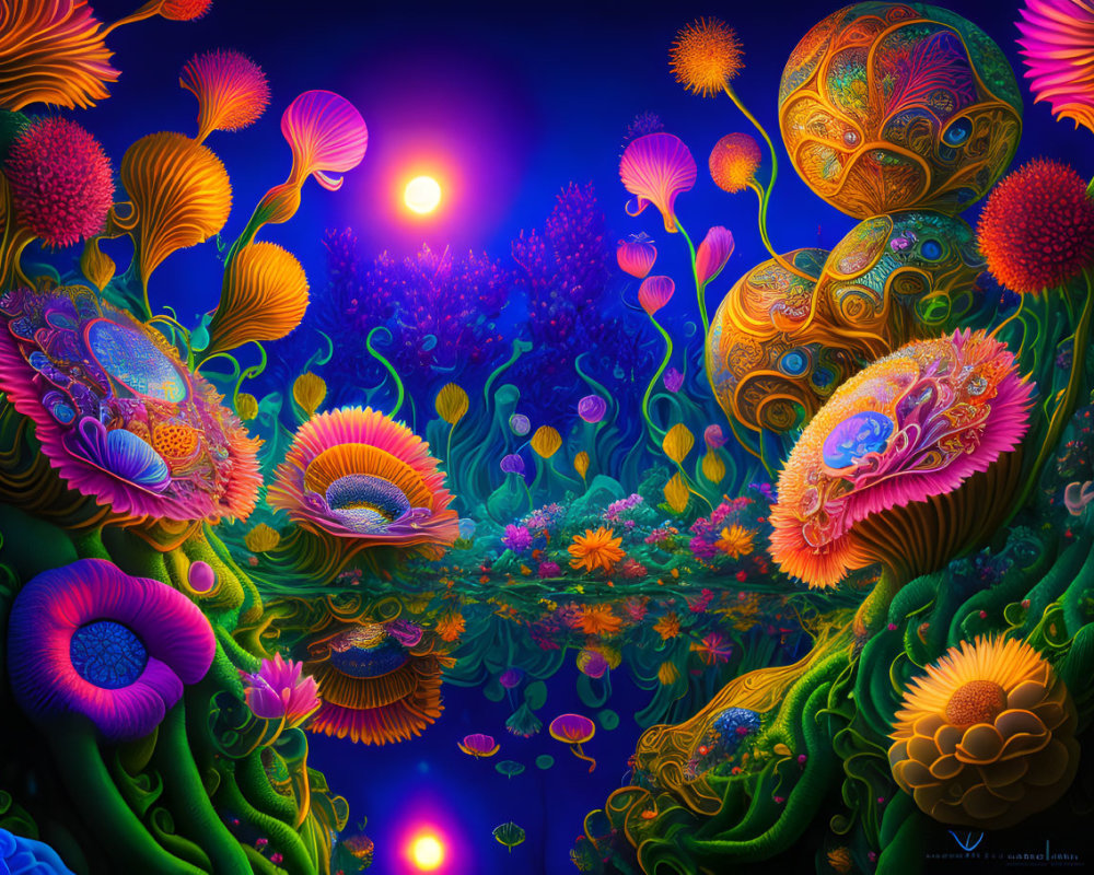 Colorful Surreal Artwork: Psychedelic Underwater Scene with Glowing Orb