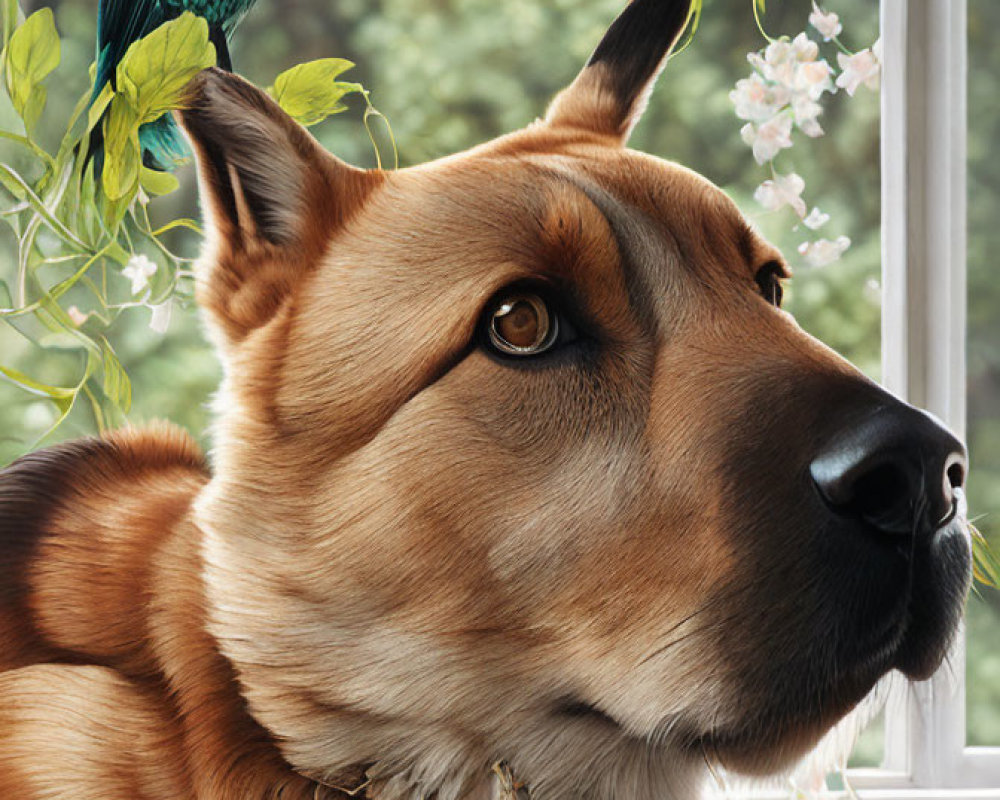 Detailed Illustration: Brown Dog with Leafy Collar Watching Colorful Bird Through Window