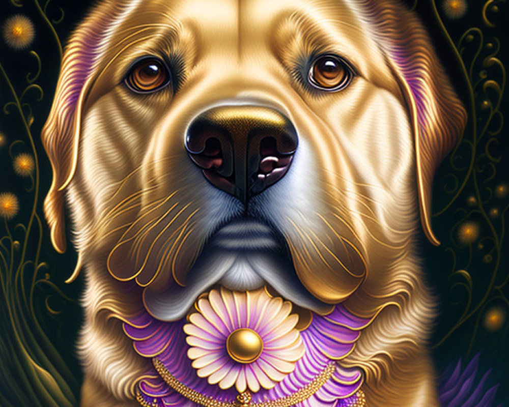Golden Retriever Illustration with Mystical Style and Vibrant Colors