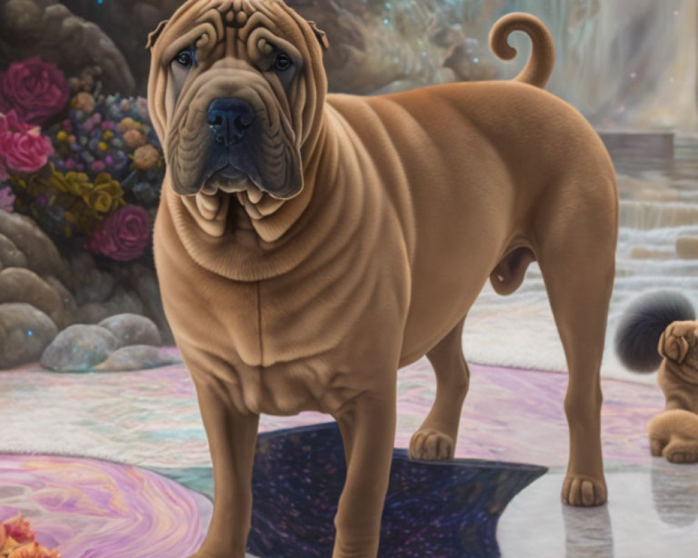 Shar Pei Dog in Fantasy Landscape with Colorful Flowers and Pastel Clouds