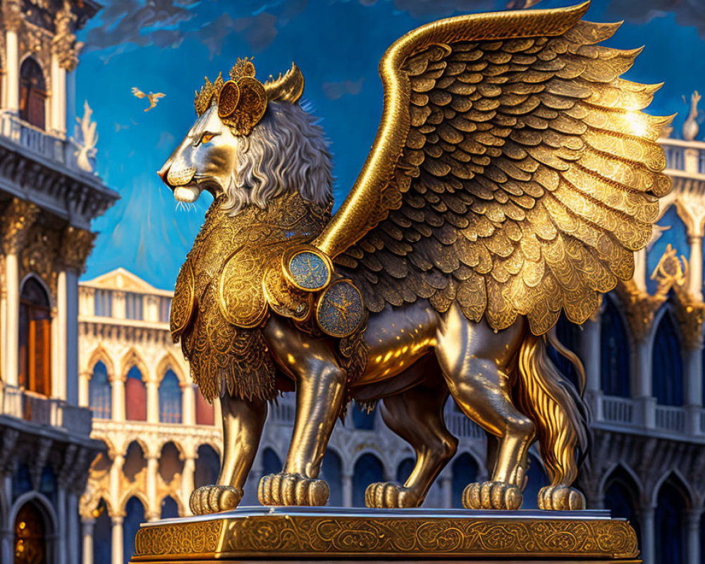 Golden winged lion statue with armor and crown against ornate Venice backdrop