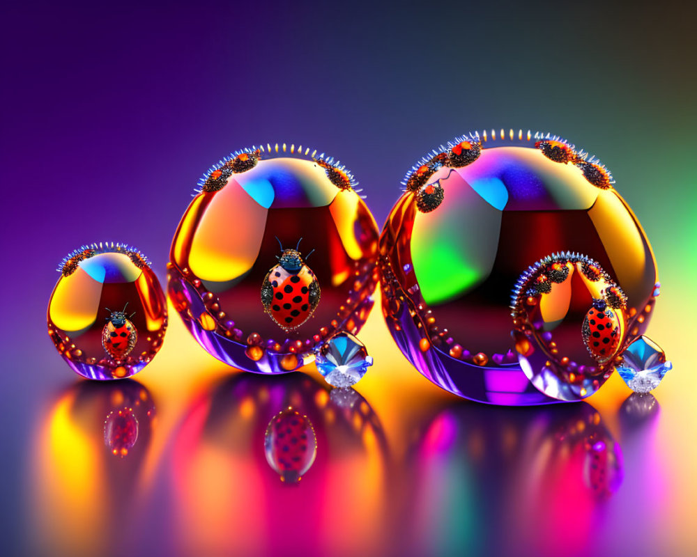 Glossy spheres with rainbow gradient, water drops, ladybugs, and shadows on reflective surface