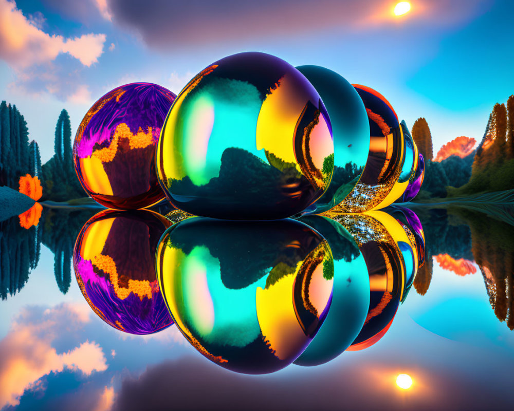 Vibrant Landscape with Shiny Reflective Spheres and Colorful Sky