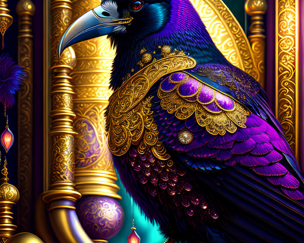 Iridescent Raven on Golden Filigree Background