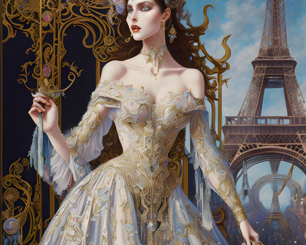 Regal woman in golden gown at Eiffel Tower with scepter