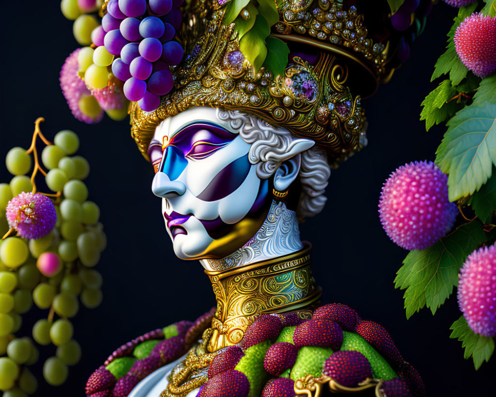 Regal fruit-themed digital artwork with grape clusters and berry crown