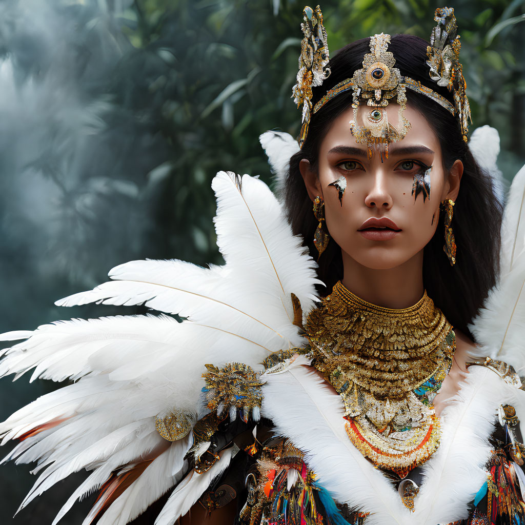 Regal woman in feathered headdress and golden jewelry against misty backdrop