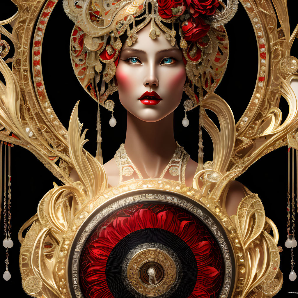 Digital artwork featuring woman with porcelain skin, gold headdress, red flowers, and jewelry on black background