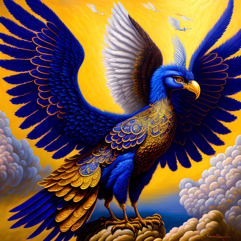 Stylized blue and gold eagle soaring in vibrant sky
