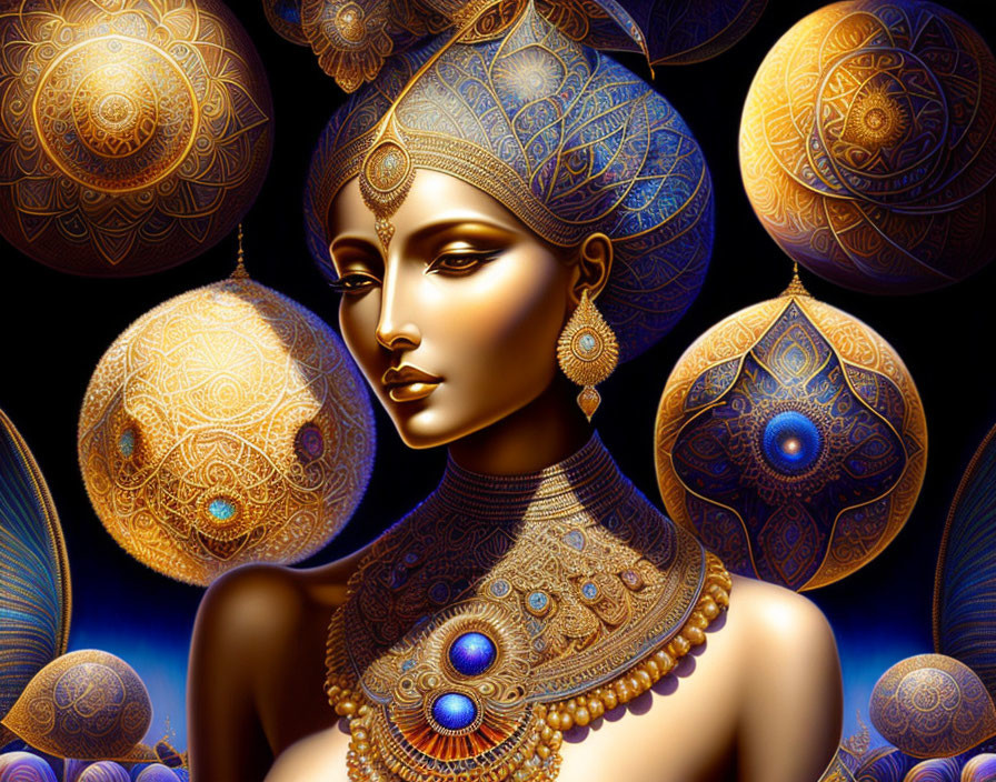Digital artwork of woman with golden jewelry and headdress against ornate sphere backdrop