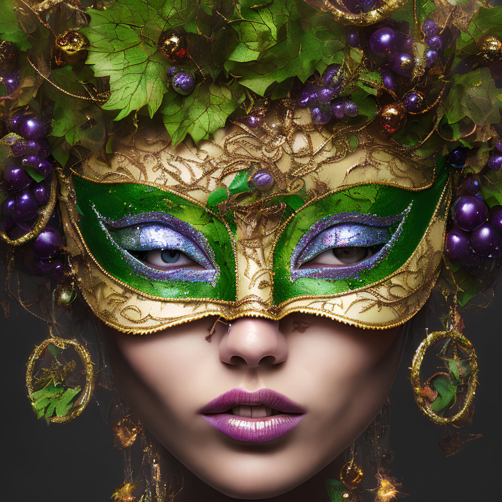 Masquerade mask with green, gold, purple beads, and grapevine leaves