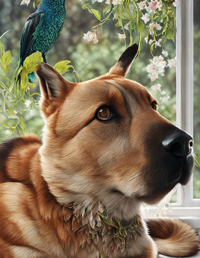 Detailed Illustration: Brown Dog with Leafy Collar Watching Colorful Bird Through Window