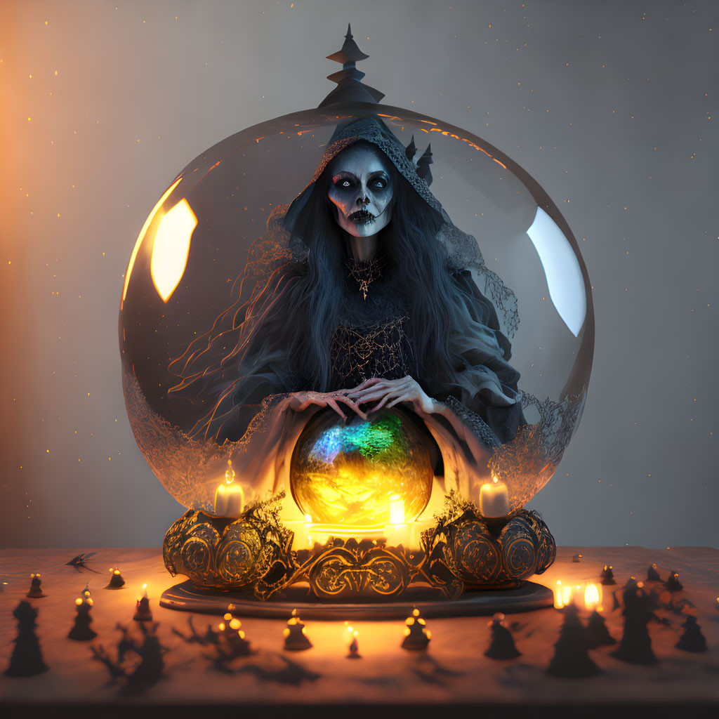 Skull makeup witch with crystal ball under glass dome and candles in moonlit setting