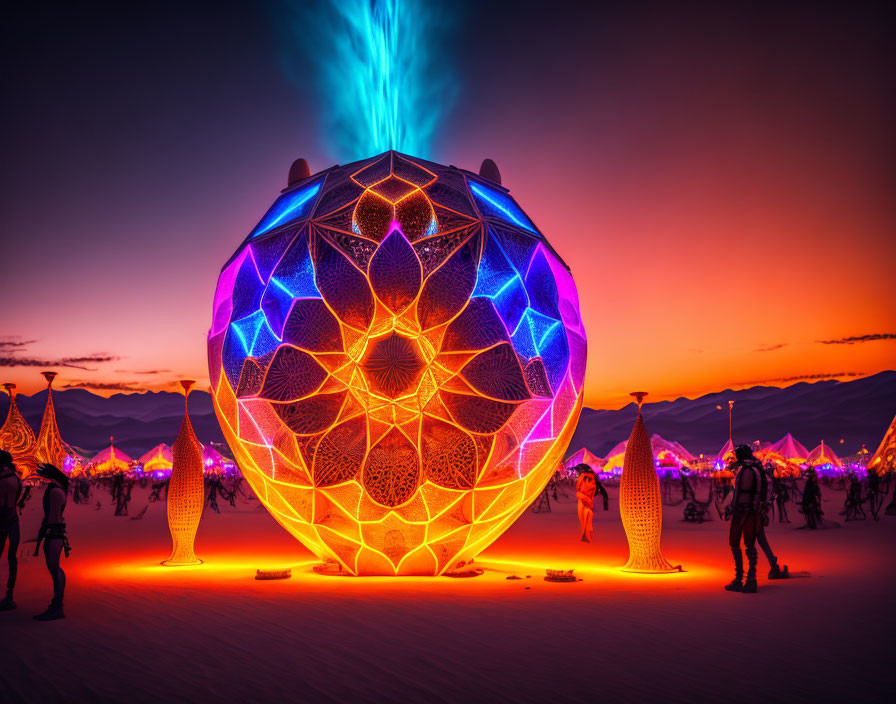 Spherical art installation emitting fire in desert twilight landscape