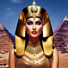 Digital illustration of woman as ancient Egyptian pharaoh with elaborate headdress, regal jewelry, and iconic