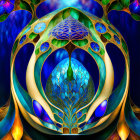 Symmetrical fractal design with tree-like structures and glowing orbs