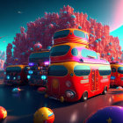 Colorful Retro Buses, Whimsical Bubbles, and Pink Flora in Surreal Scene