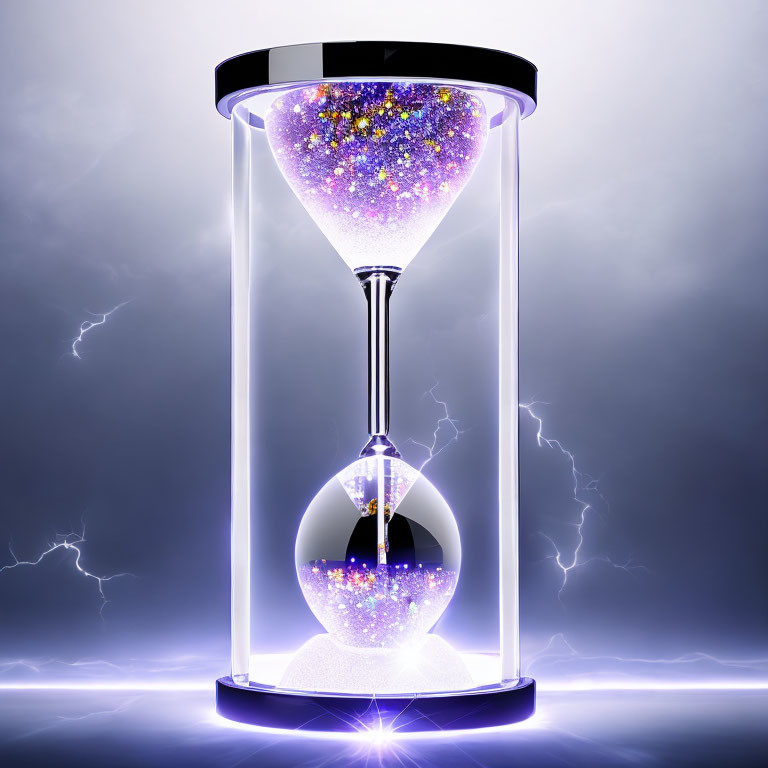 Hourglass with galaxy-like substance, glowing in purple hues with lightning bolts on dark background