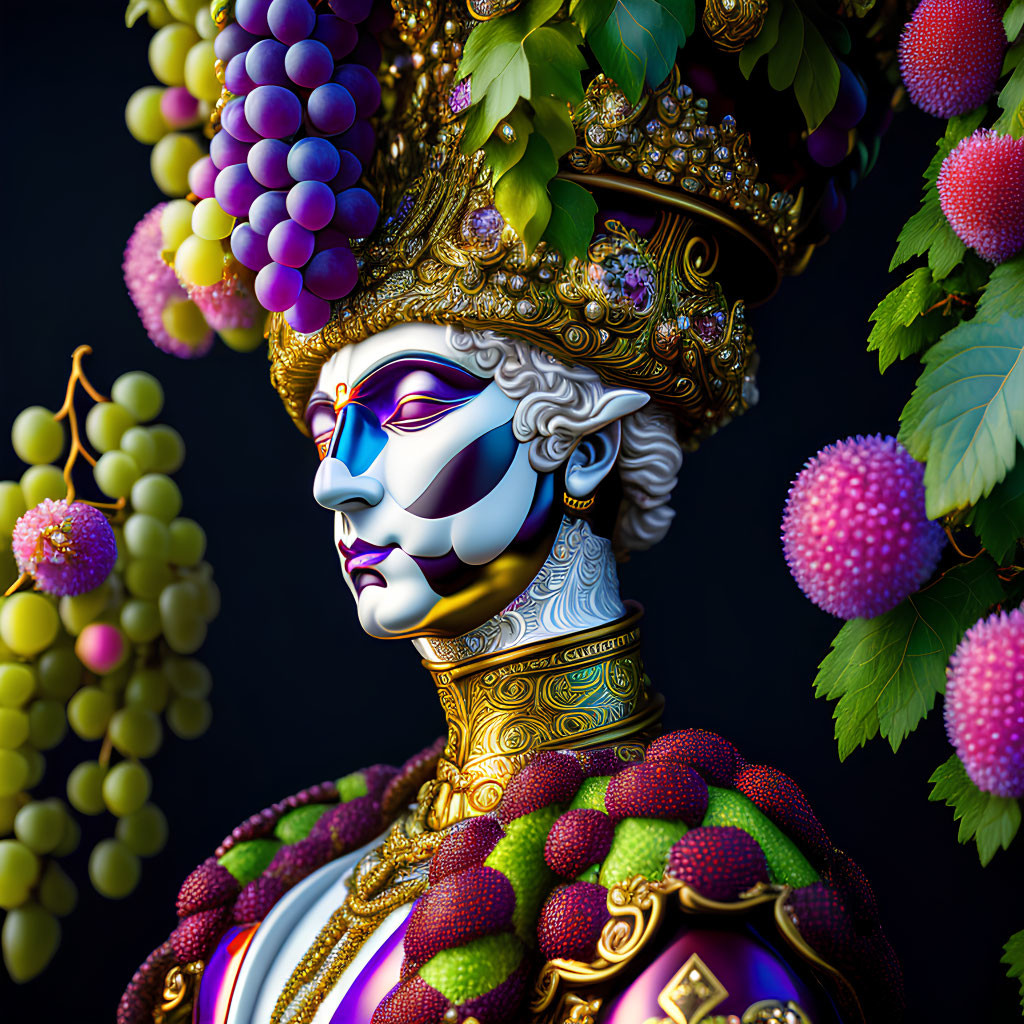 Regal fruit-themed digital artwork with grape clusters and berry crown