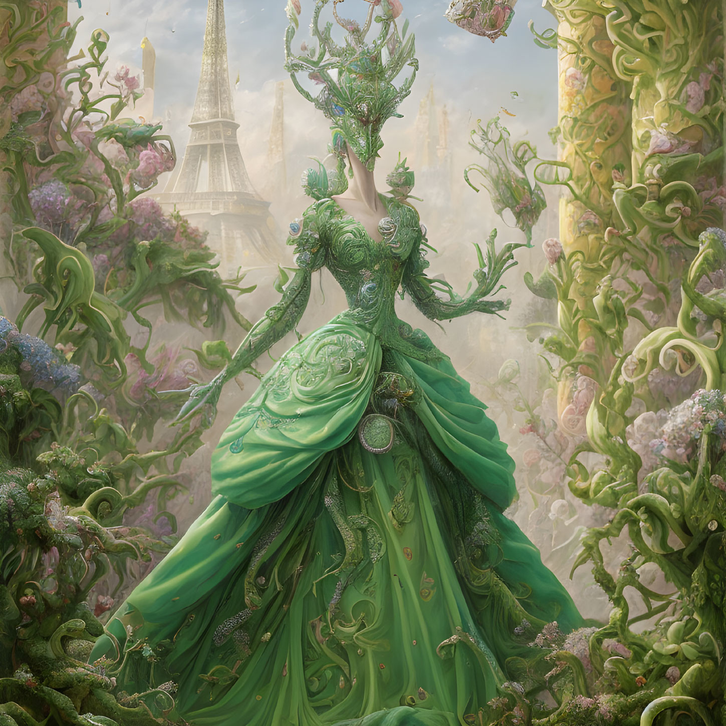 Majestic green-clad figure with intricate vines in fantasy setting