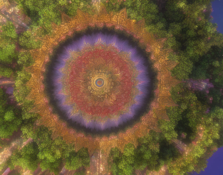 Lush Forest Aerial View with Fractal Mandala Pattern