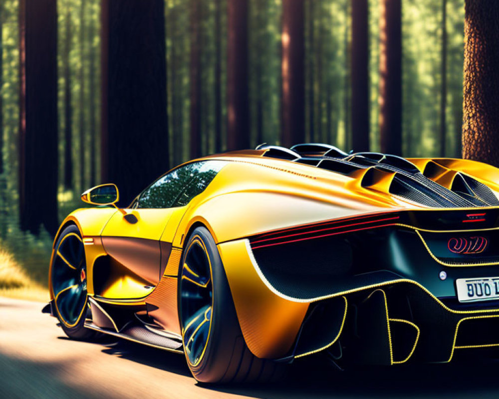 Yellow sports car drives on forest road with sunlight filtering through trees