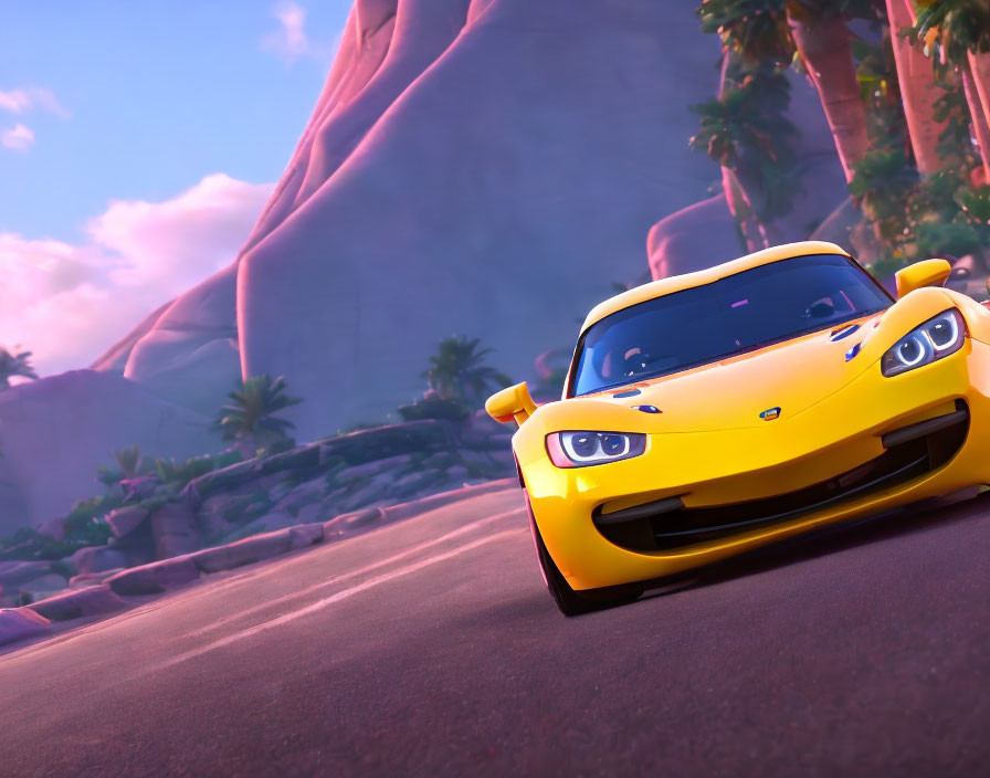 Yellow Animated Sports Car Character on Coastal Road with Pink Cliffs