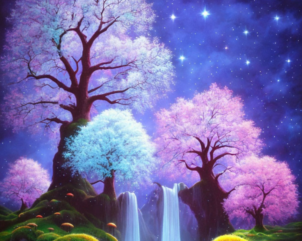 Colorful painting: Cherry blossoms, waterfall, starlit sky