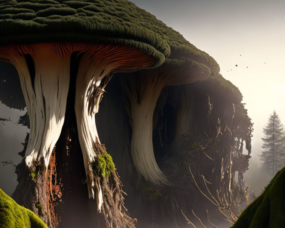 Giant mystical mushroom in mossy terrain under ambient light