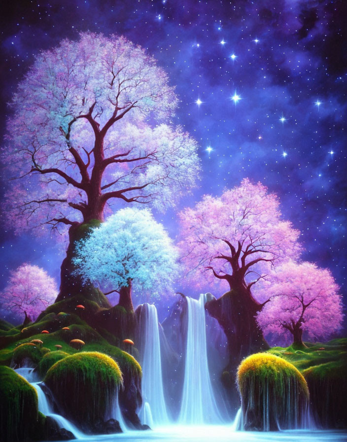Colorful painting: Cherry blossoms, waterfall, starlit sky