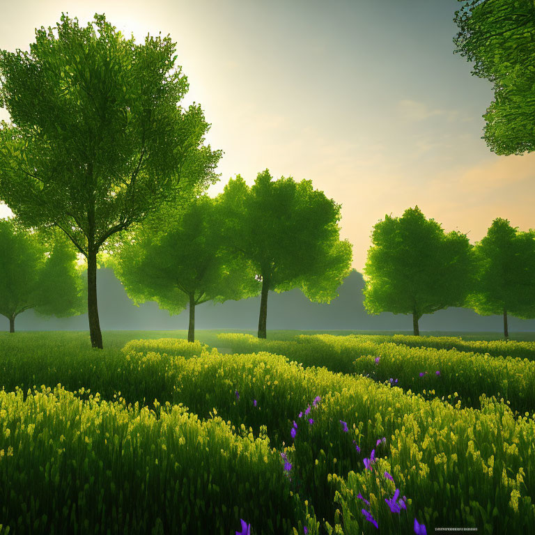 Tranquil landscape with lush trees, yellow grass, and purple flowers at sunrise or sunset
