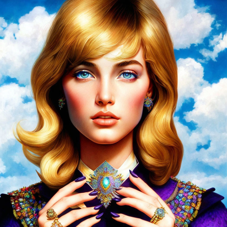 Blonde Woman in Purple Outfit with Blue Gemstone Jewelry