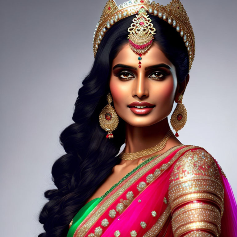 Detailed illustration of woman in traditional Indian bridal attire and jewelry