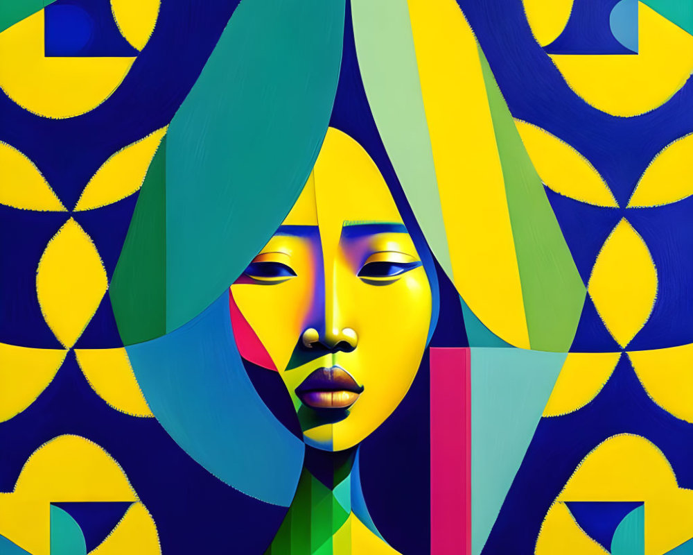 Abstract portrait with central face in yellow and green, surrounded by geometric patterns.