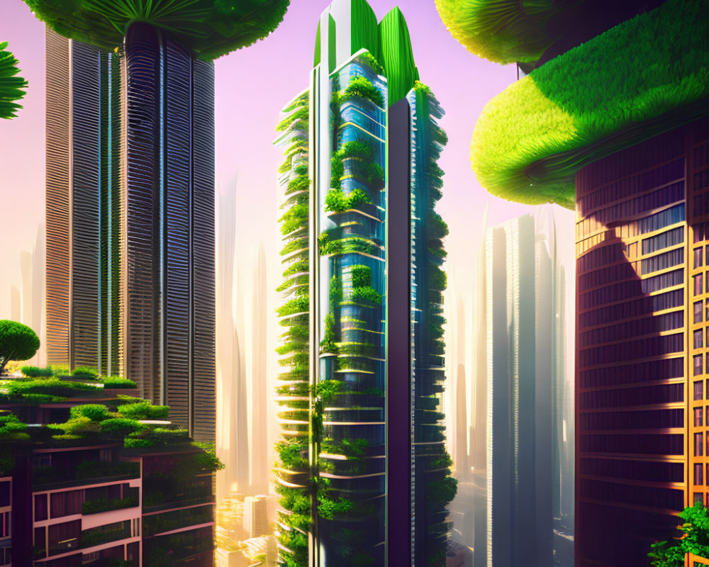 Futuristic cityscape with green skyscrapers and vibrant sky