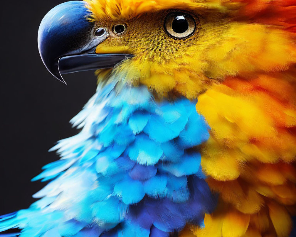 Colorful Parrot with Yellow, Blue, and Orange Feathers: Detailed Eye and Beak