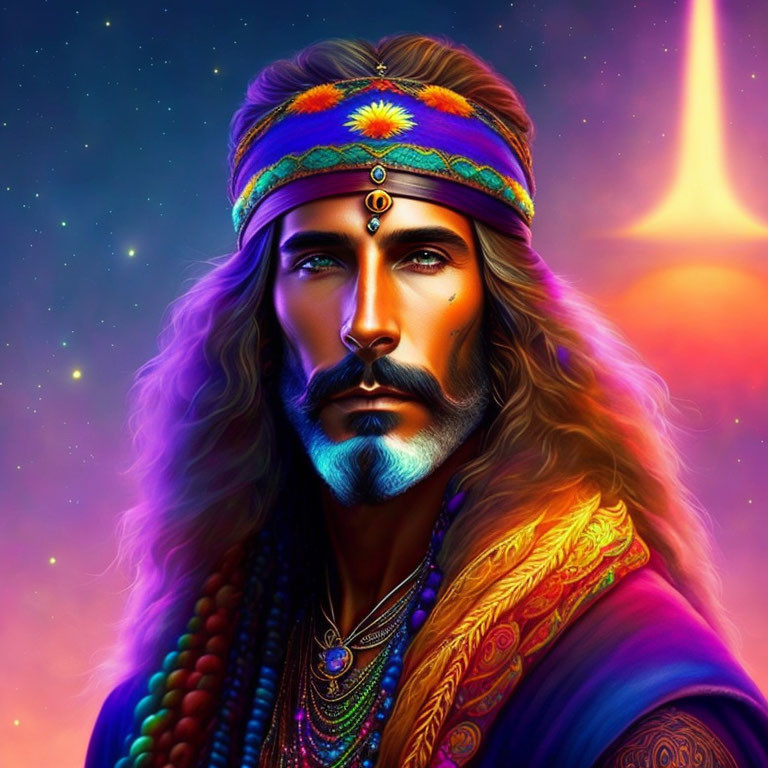 Colorful digital portrait of a man with long hair, headband, beard, and cosmic background