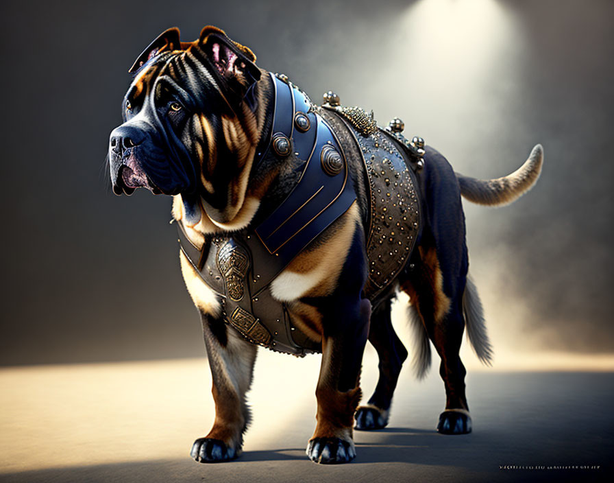 Stout Dog in Modern-Ancient Armor Artwork