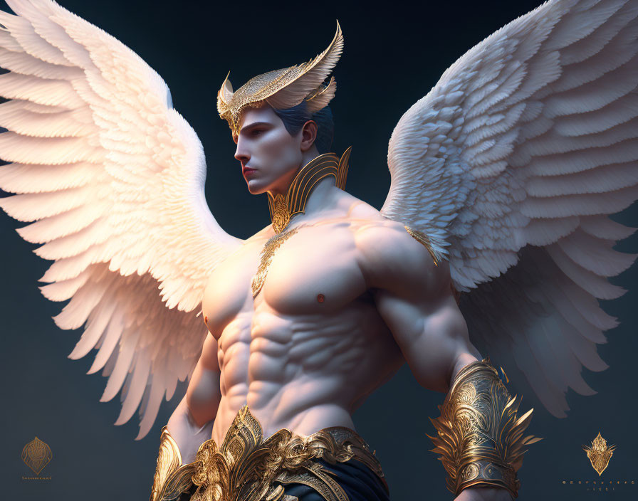 Muscular male figure with angelic wings and golden armor in 3D art