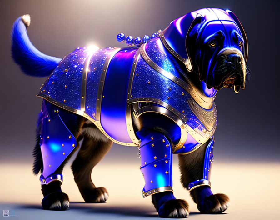 Black Mastiff Dog in Blue Armor: Digital Artwork with Noble Aura