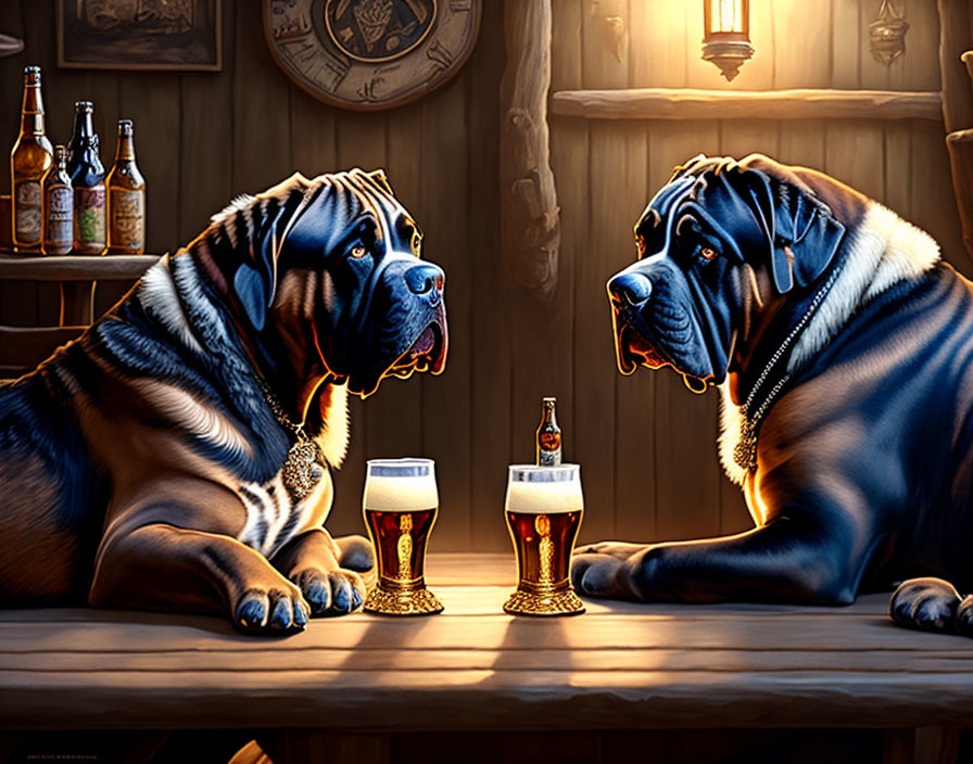 Animated dogs enjoying pints at cozy bar