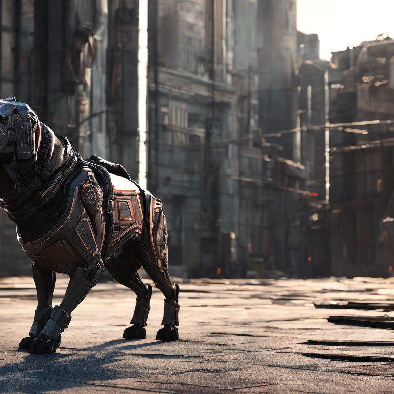 Armored robotic quadruped in post-apocalyptic street