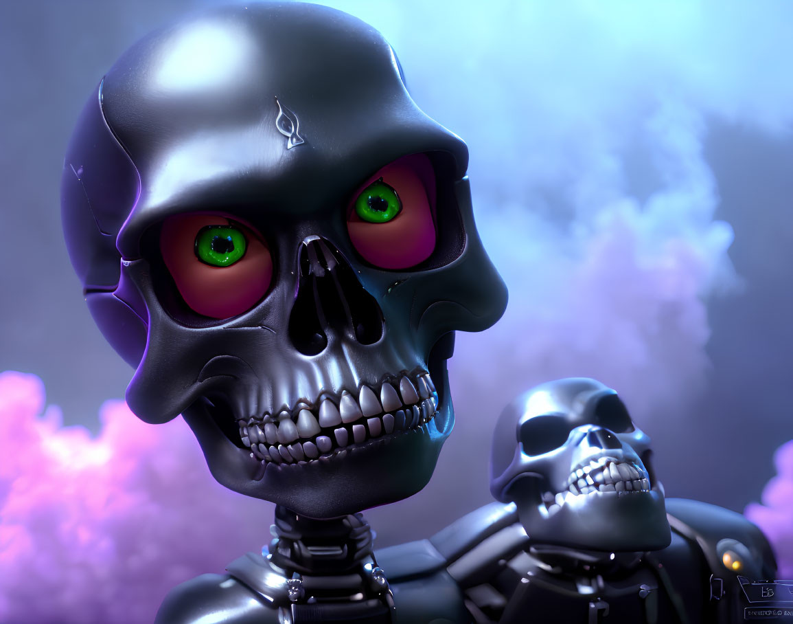 Two robotic skulls with green glowing eyes on a purple and blue misty background