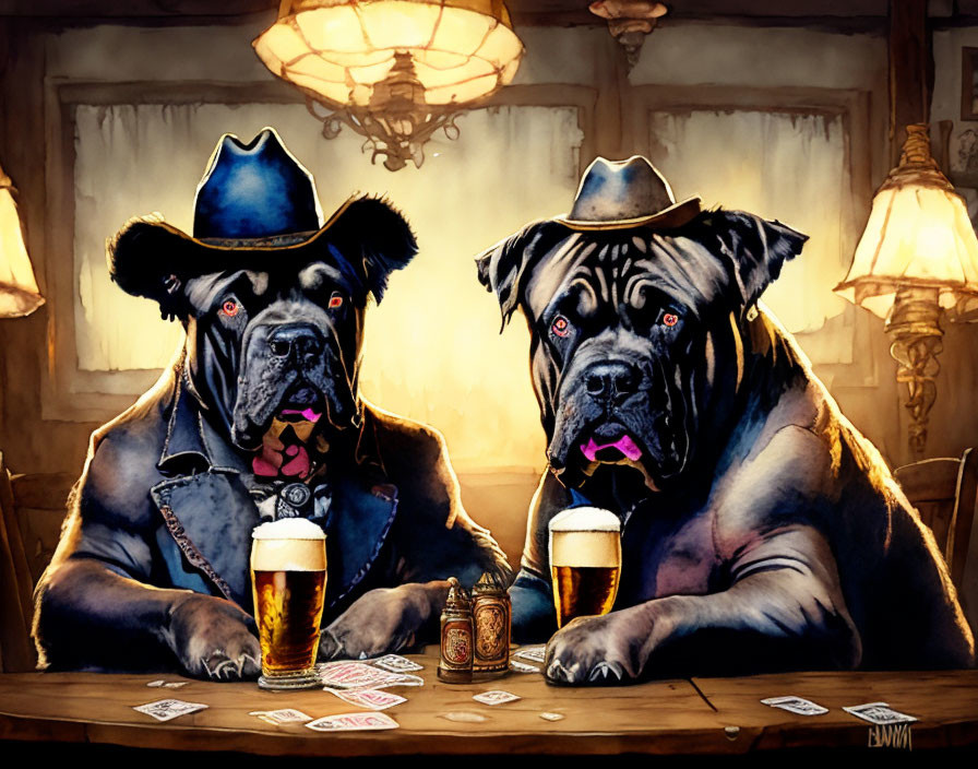 Cartoon Dogs in Cowboy Hats Playing Poker in Wild West Setting