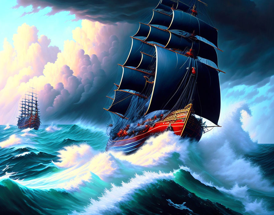 Majestic tall ships sail turbulent ocean under dramatic sky
