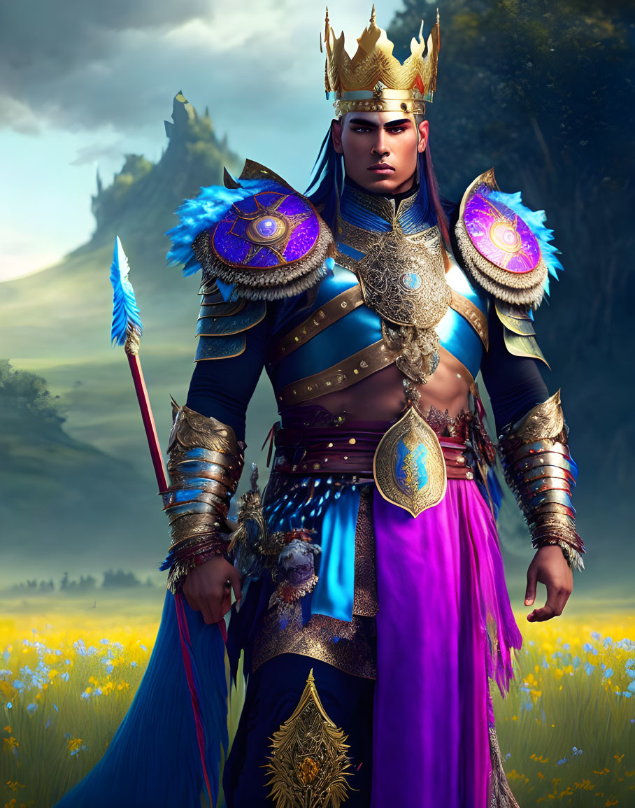 Regal warrior in blue and gold armor with jeweled crown and mystical spear