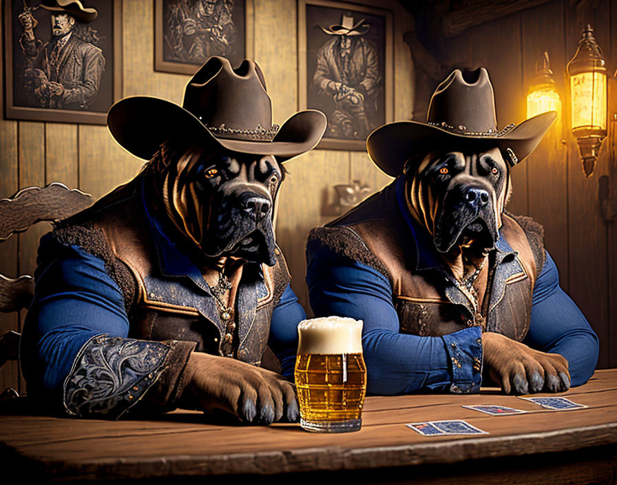 Anthropomorphic dogs in cowboy attire playing cards at wooden table
