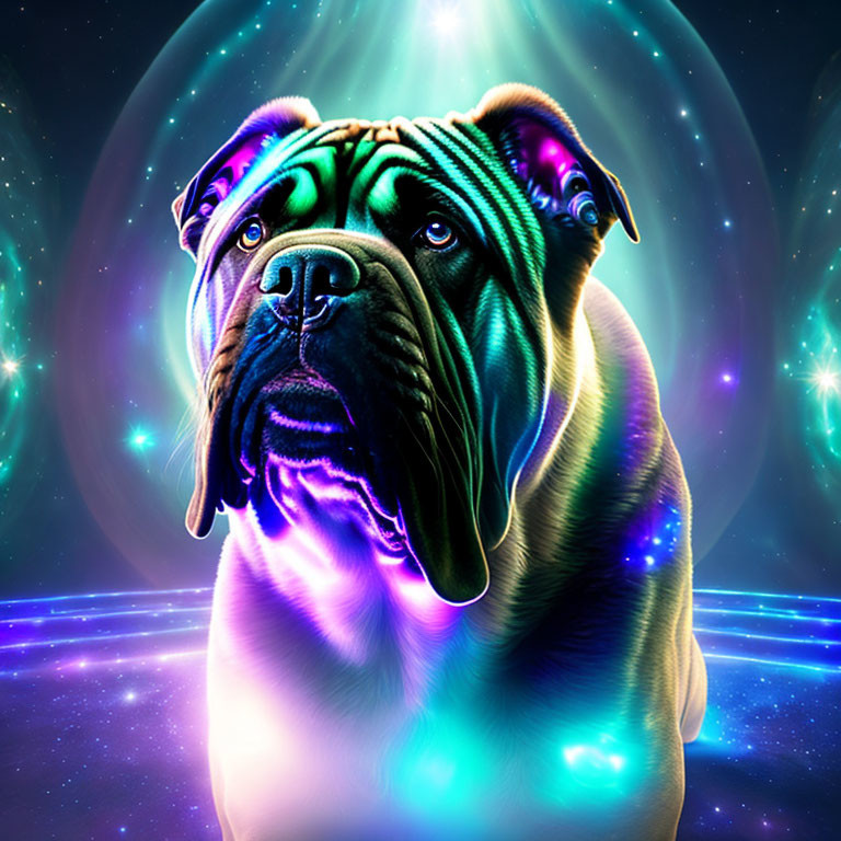 Digital Stylized Dog Image with Neon Contours on Cosmic Background