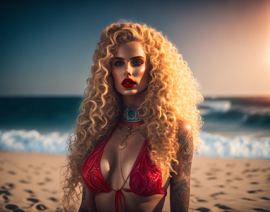 Stylized digital artwork of a woman with blonde curls in red bikini at beach sunset